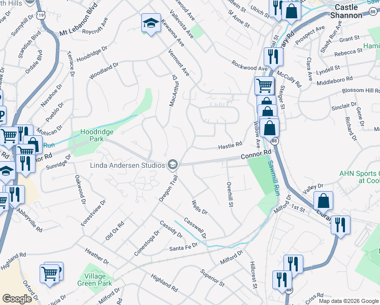 map of restaurants, bars, coffee shops, grocery stores, and more near 4235 Greenridge Road in Pittsburgh