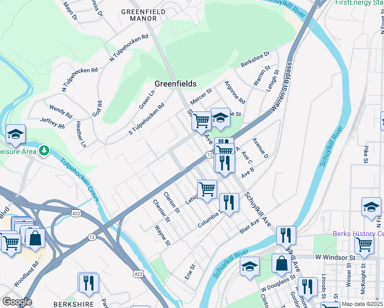 map of restaurants, bars, coffee shops, grocery stores, and more near 1409 Butler Street in Reading