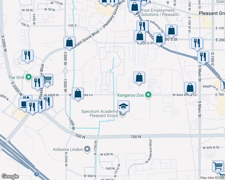 map of restaurants, bars, coffee shops, grocery stores, and more near 884 West 700 South in Pleasant Grove