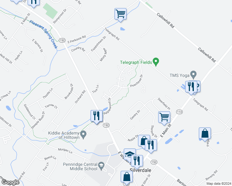 map of restaurants, bars, coffee shops, grocery stores, and more near 615 Orangewood Court in Perkasie