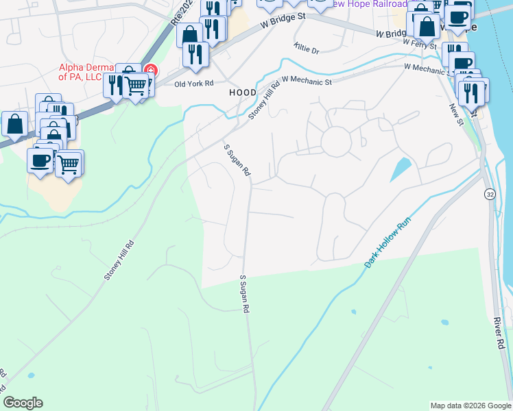 map of restaurants, bars, coffee shops, grocery stores, and more near 218 South Sugan Road in New Hope
