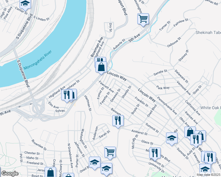 map of restaurants, bars, coffee shops, grocery stores, and more near 615 Fawcett Avenue in McKeesport