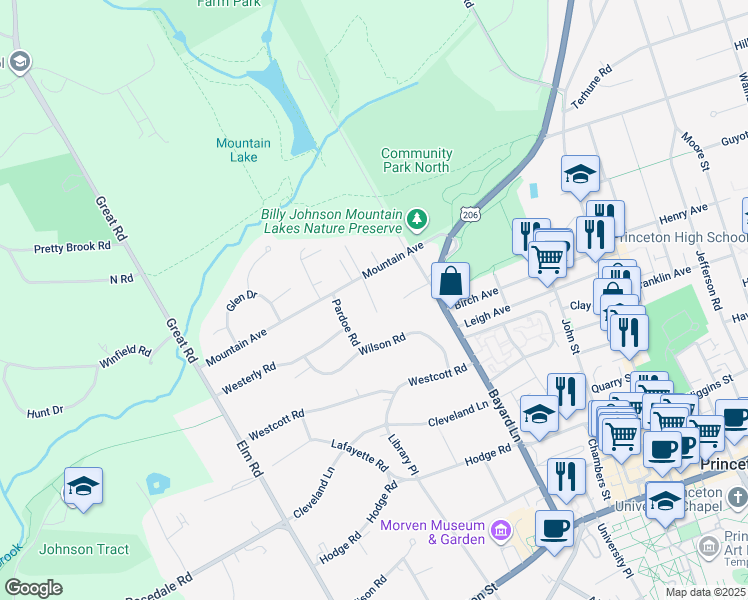 map of restaurants, bars, coffee shops, grocery stores, and more near 68 Morgan Place in Princeton