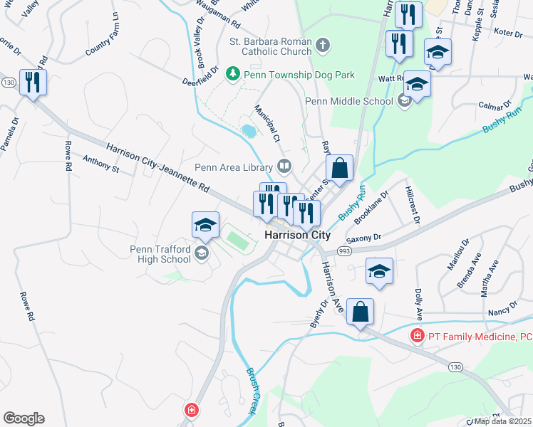 map of restaurants, bars, coffee shops, grocery stores, and more near 3360 Pennsylvania 130 in Harrison City