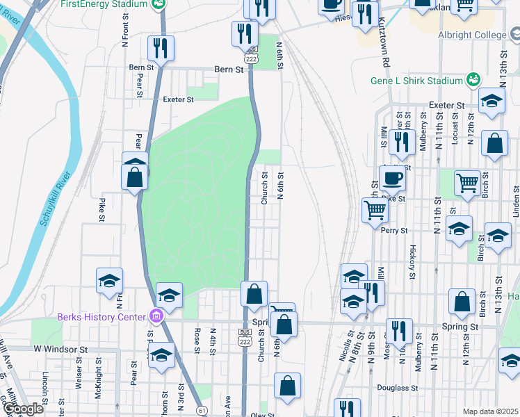 map of restaurants, bars, coffee shops, grocery stores, and more near 1336 Church Street in Reading
