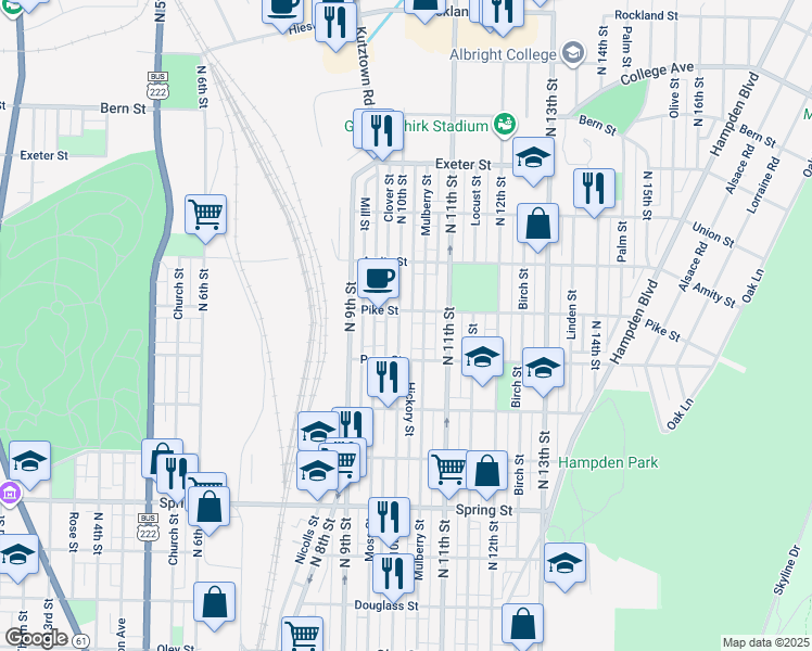 map of restaurants, bars, coffee shops, grocery stores, and more near 1347 North 10th Street in Reading