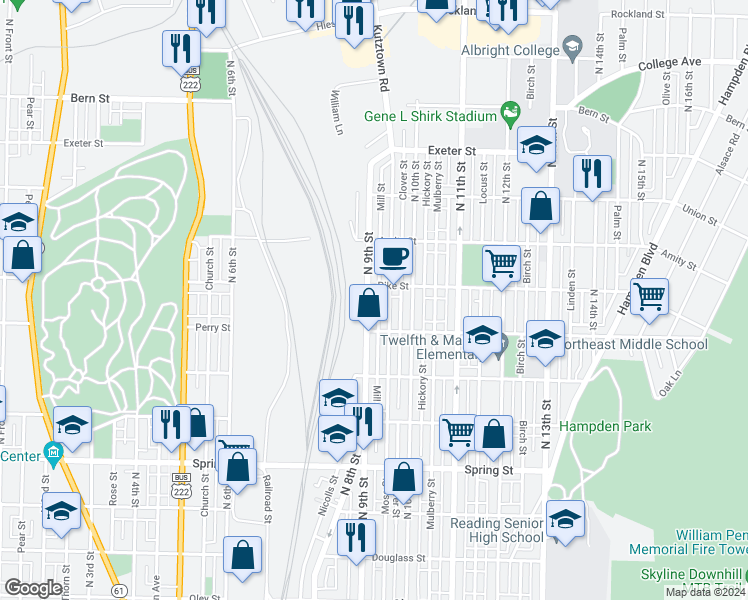 map of restaurants, bars, coffee shops, grocery stores, and more near 1345 North 9th Street in Reading