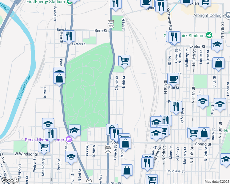 map of restaurants, bars, coffee shops, grocery stores, and more near 1336 Church Street in Reading