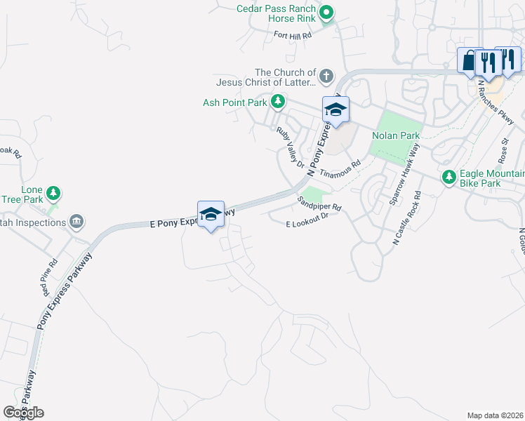 map of restaurants, bars, coffee shops, grocery stores, and more near 2819 East Hideout Drive in Eagle Mountain