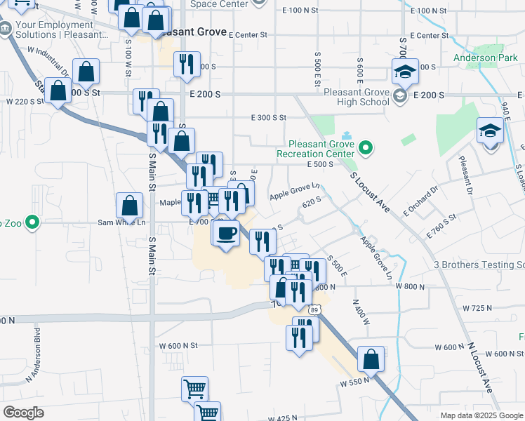 map of restaurants, bars, coffee shops, grocery stores, and more near 641 South 350 East in Pleasant Grove