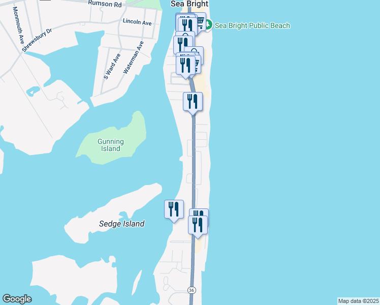 map of restaurants, bars, coffee shops, grocery stores, and more near 1266 New Jersey 36 in Sea Bright