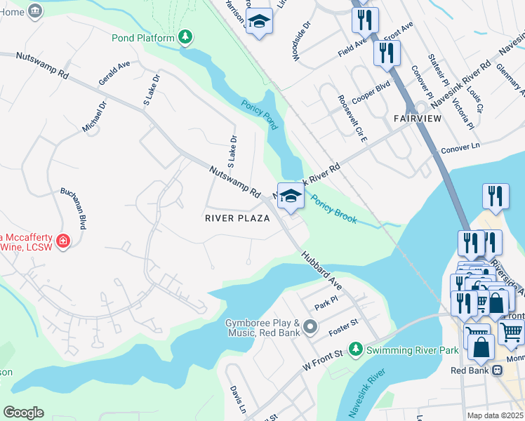 map of restaurants, bars, coffee shops, grocery stores, and more near 1 Navesink River Road in Red Bank