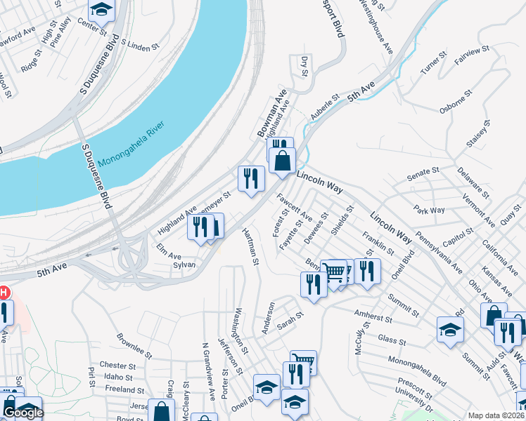 map of restaurants, bars, coffee shops, grocery stores, and more near 2525 5th Avenue in McKeesport