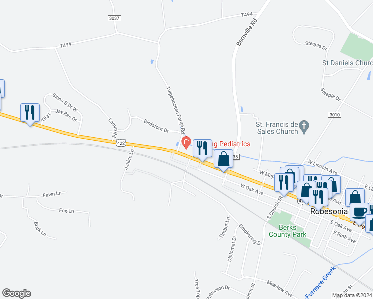 map of restaurants, bars, coffee shops, grocery stores, and more near 531 West Penn Avenue in Robesonia
