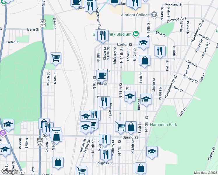 map of restaurants, bars, coffee shops, grocery stores, and more near 1347A North 10th Street in Reading