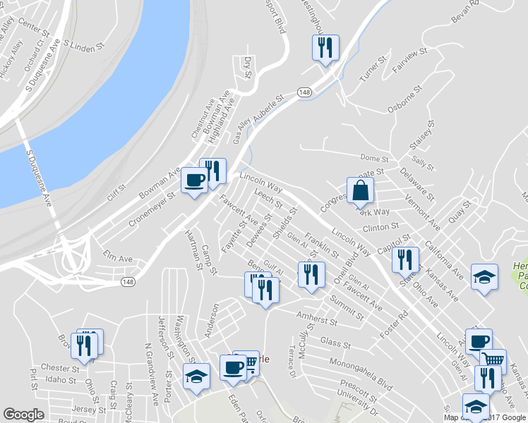 map of restaurants, bars, coffee shops, grocery stores, and more near 716 Franklin Street in McKeesport