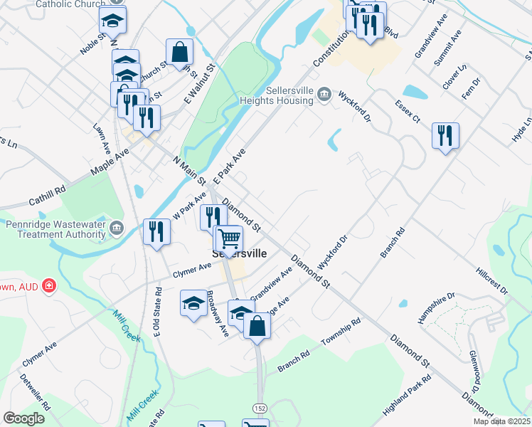 map of restaurants, bars, coffee shops, grocery stores, and more near 190 Hughes Avenue in Sellersville
