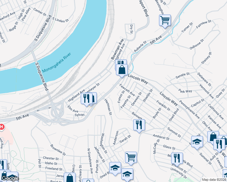 map of restaurants, bars, coffee shops, grocery stores, and more near 2525 5th Avenue in McKeesport