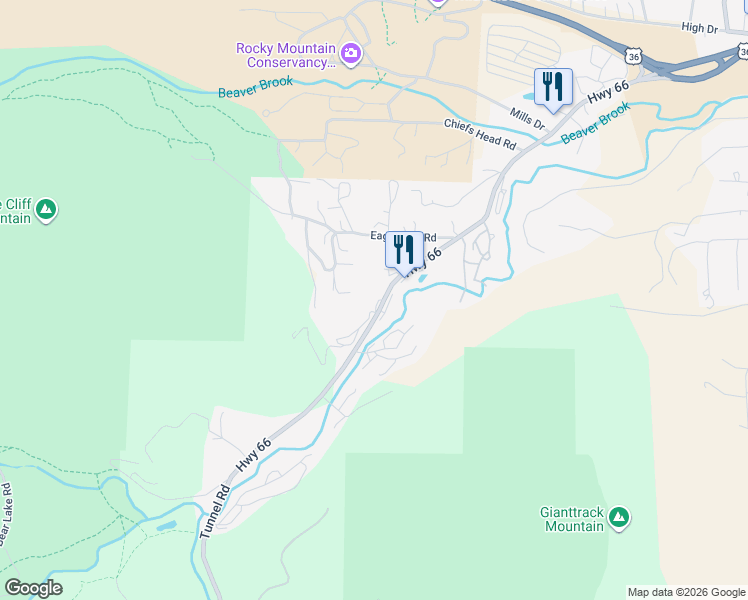 map of restaurants, bars, coffee shops, grocery stores, and more near 2075 Colorado 66 in Estes Park