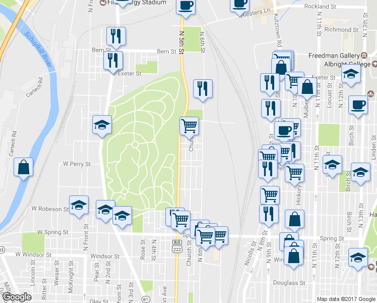map of restaurants, bars, coffee shops, grocery stores, and more near 1340 Church Street in Reading