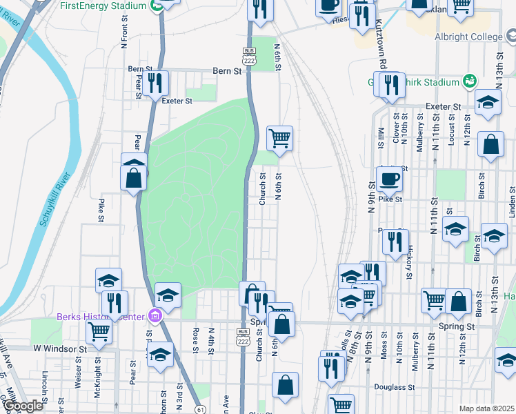 map of restaurants, bars, coffee shops, grocery stores, and more near 1340 Church Street in Reading