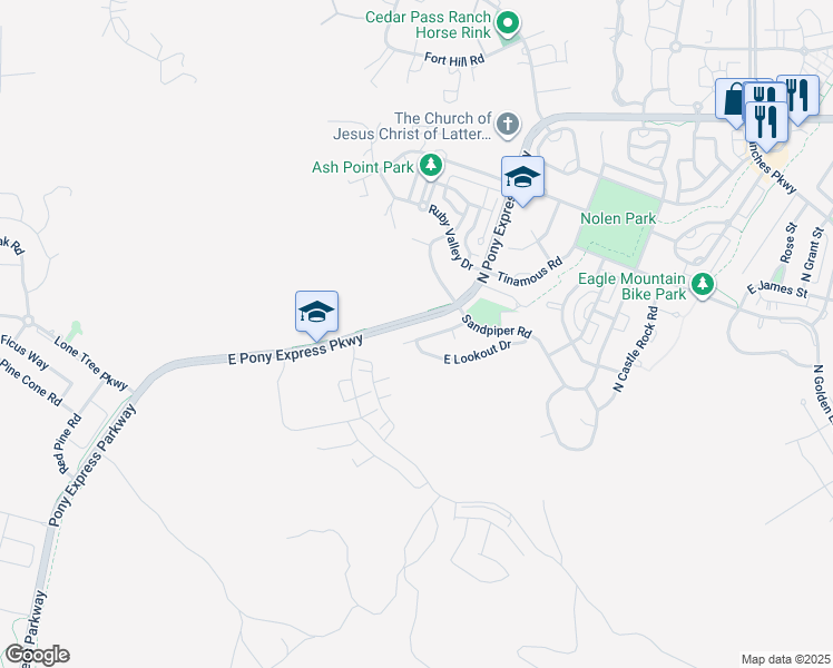 map of restaurants, bars, coffee shops, grocery stores, and more near 2837 East Hideout Drive in Eagle Mountain