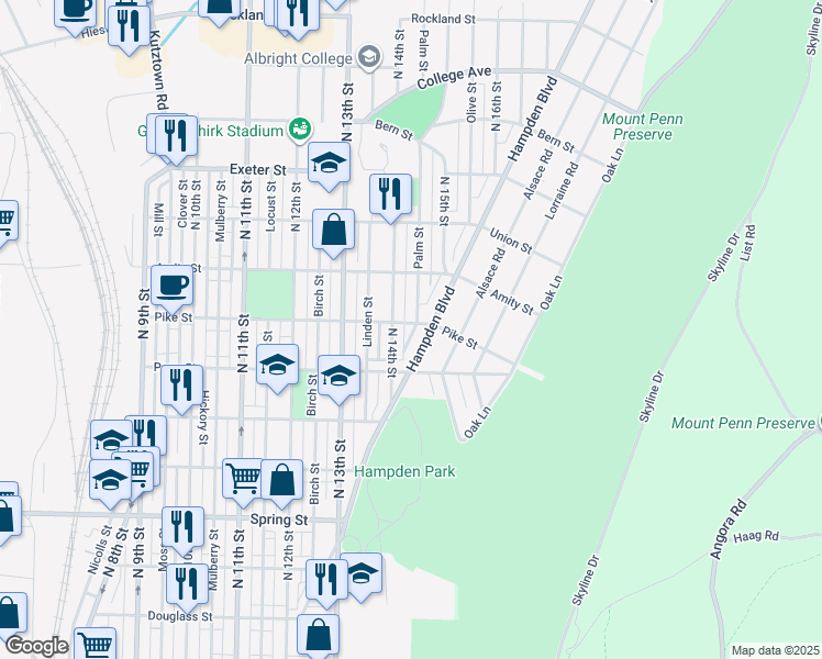 map of restaurants, bars, coffee shops, grocery stores, and more near 1414 Pike Street in Reading