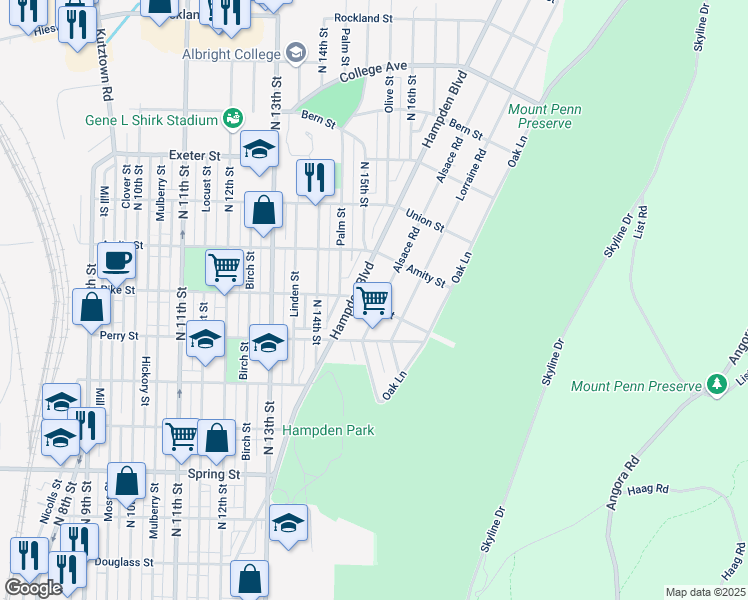 map of restaurants, bars, coffee shops, grocery stores, and more near 1401 Hampden Boulevard in Reading
