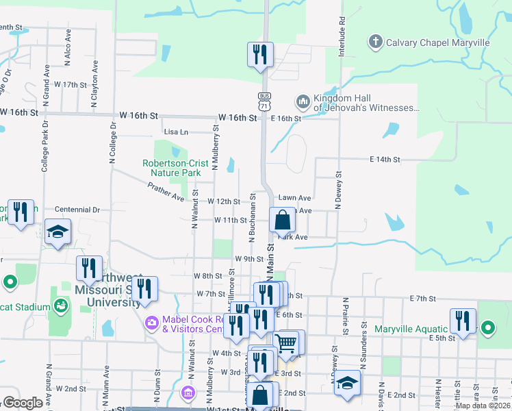 map of restaurants, bars, coffee shops, grocery stores, and more near 1121 North Buchanan Street in Maryville