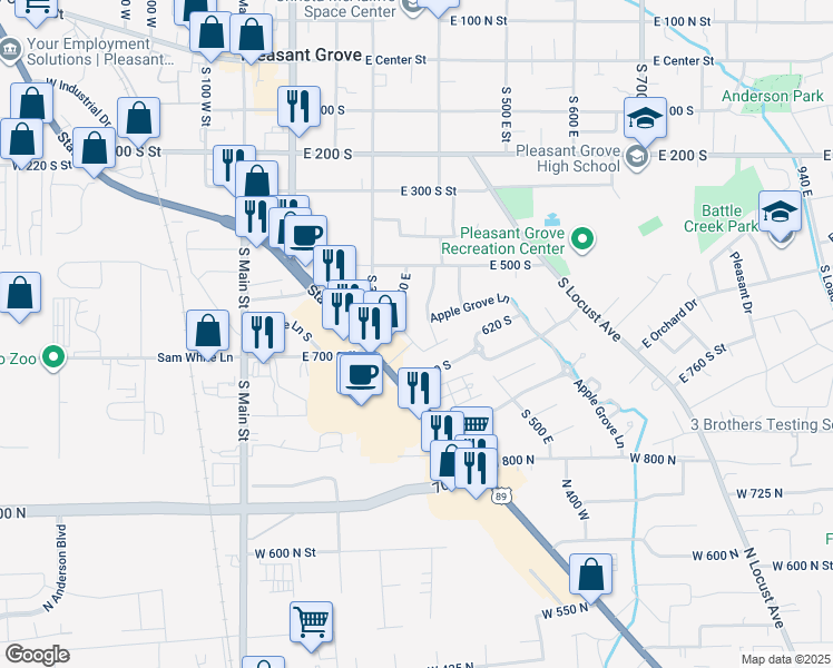 map of restaurants, bars, coffee shops, grocery stores, and more near 406 East 600 South in Pleasant Grove