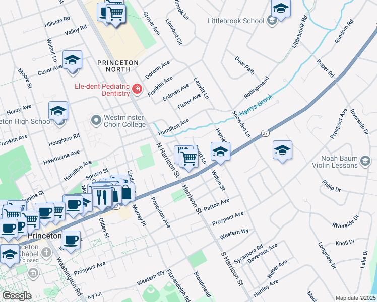 map of restaurants, bars, coffee shops, grocery stores, and more near 44 Scott Lane in Princeton