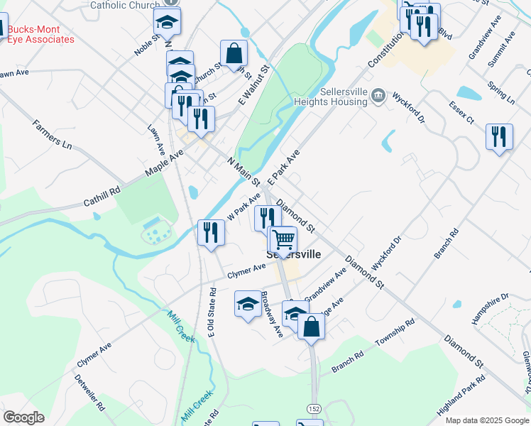 map of restaurants, bars, coffee shops, grocery stores, and more near 125 South Main Street in Sellersville