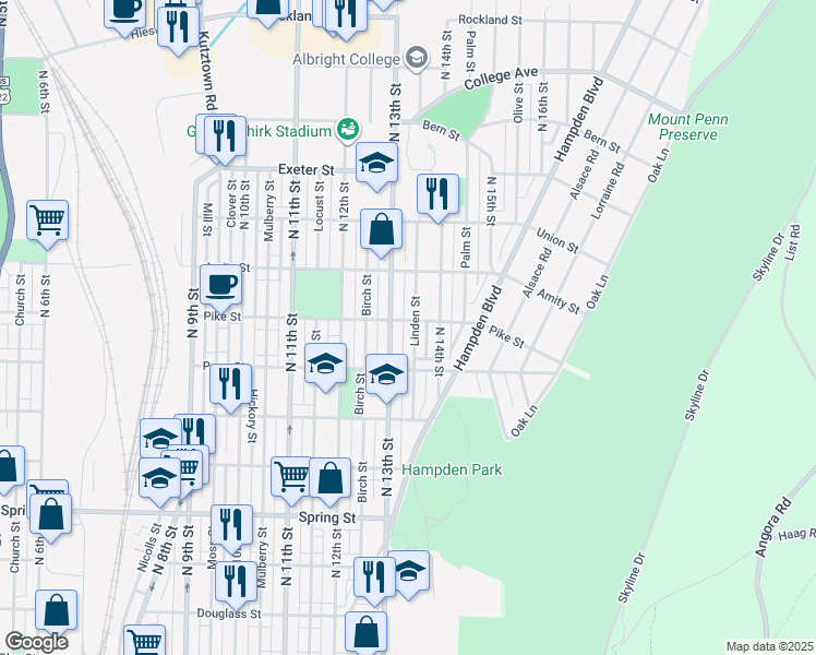 map of restaurants, bars, coffee shops, grocery stores, and more near 1335 East Linden Street in Reading
