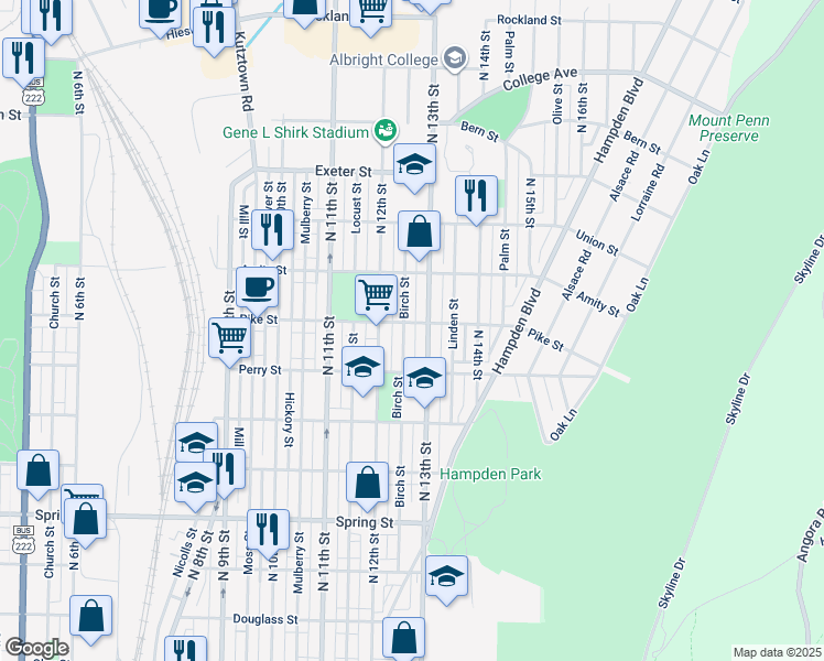 map of restaurants, bars, coffee shops, grocery stores, and more near 1236 Pike Street in Reading