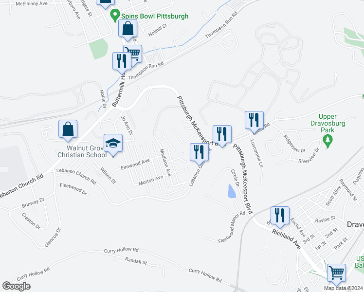 map of restaurants, bars, coffee shops, grocery stores, and more near 200 Park Avenue in West Mifflin