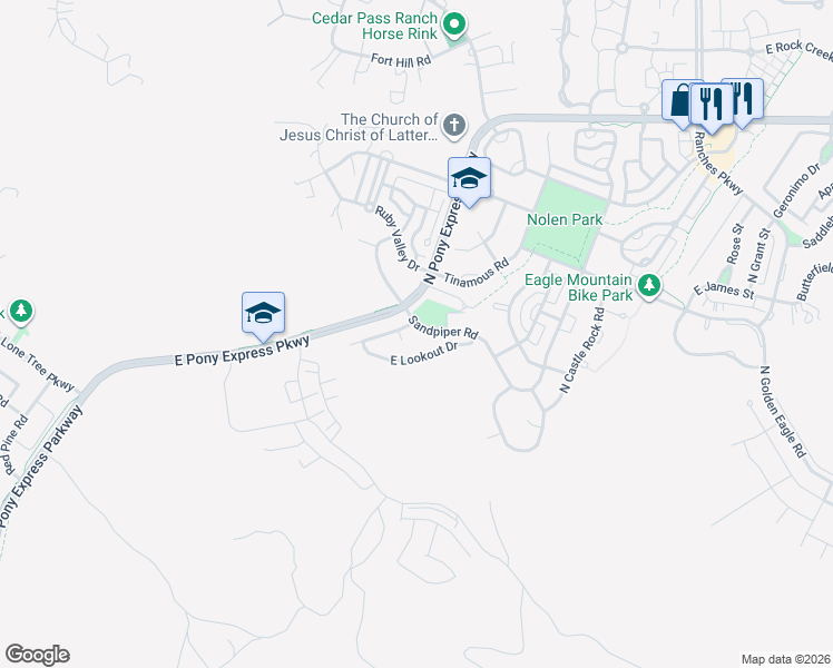 map of restaurants, bars, coffee shops, grocery stores, and more near 2952 Sandpiper Road in Eagle Mountain