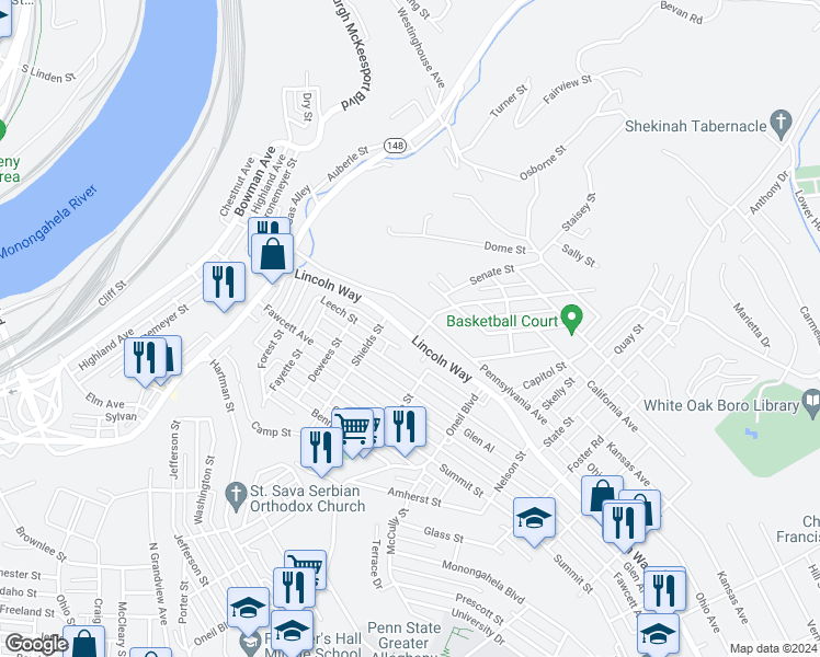 map of restaurants, bars, coffee shops, grocery stores, and more near 837 Lincoln Way in McKeesport