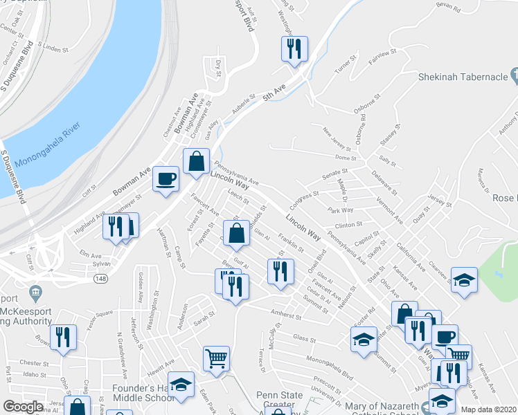 map of restaurants, bars, coffee shops, grocery stores, and more near 2815 Shields Street in McKeesport