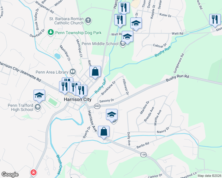 map of restaurants, bars, coffee shops, grocery stores, and more near 24 Brooklane Dr in Harrison City