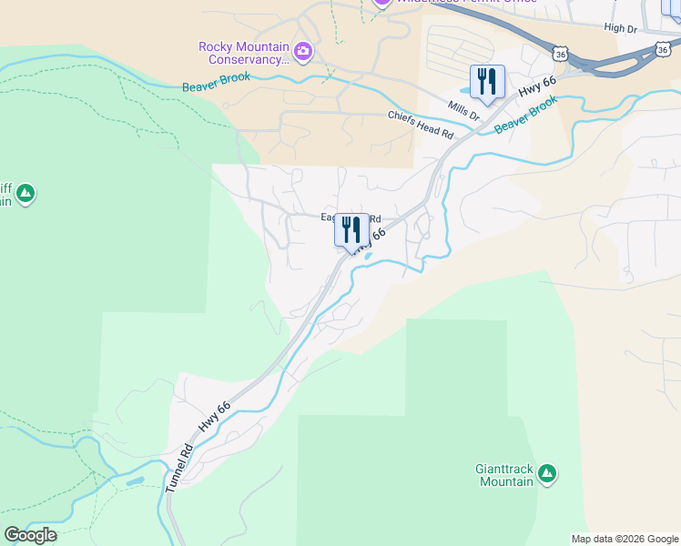 map of restaurants, bars, coffee shops, grocery stores, and more near 2075 Colorado 66 in Estes Park