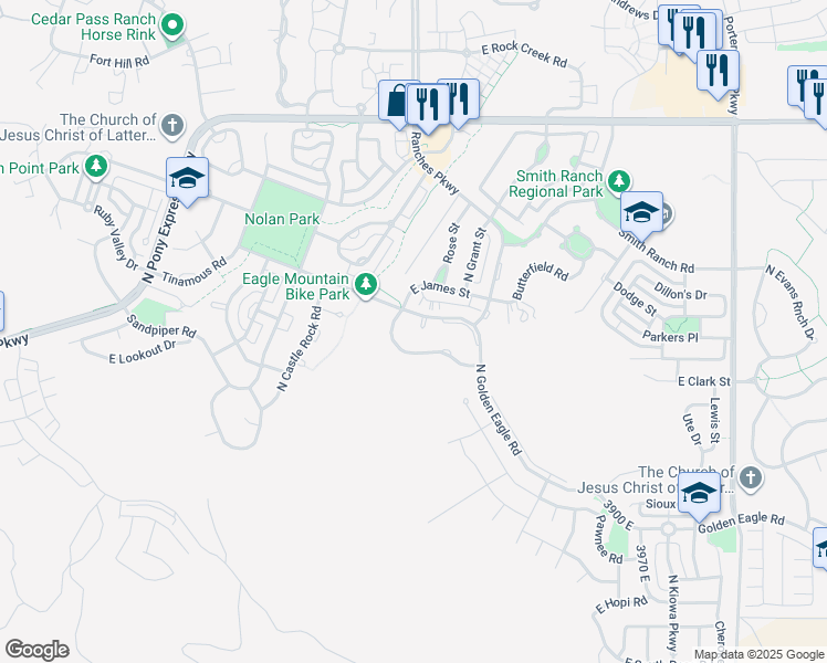 map of restaurants, bars, coffee shops, grocery stores, and more near 3524 E Golden Eagle Rd in Eagle Mountain