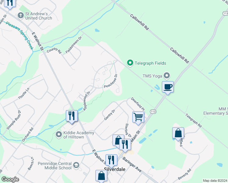 map of restaurants, bars, coffee shops, grocery stores, and more near 2621 Crabapple Circle in Perkasie