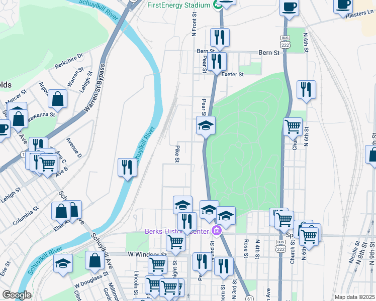 map of restaurants, bars, coffee shops, grocery stores, and more near 1346 North Front Street in Reading