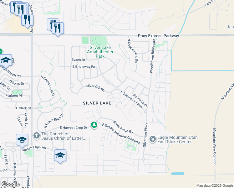 map of restaurants, bars, coffee shops, grocery stores, and more near 4753 Kaylee Court in Eagle Mountain