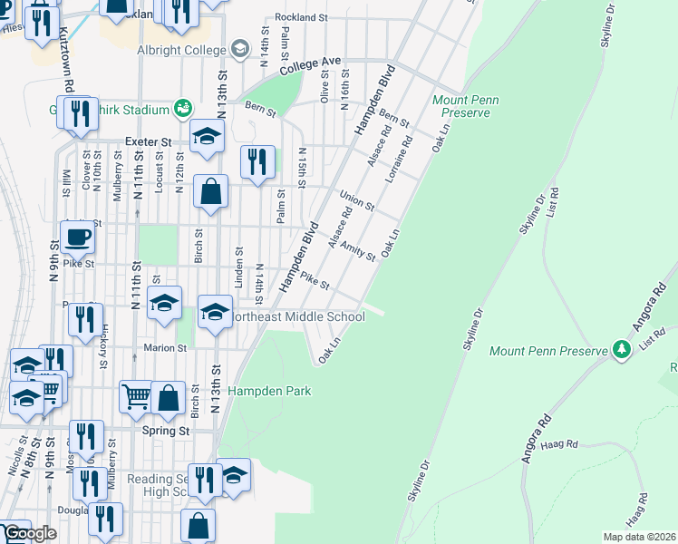 map of restaurants, bars, coffee shops, grocery stores, and more near 1420 Lorraine Road in Reading