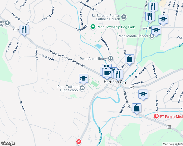 map of restaurants, bars, coffee shops, grocery stores, and more near 3377 Pennsylvania 130 in Harrison City