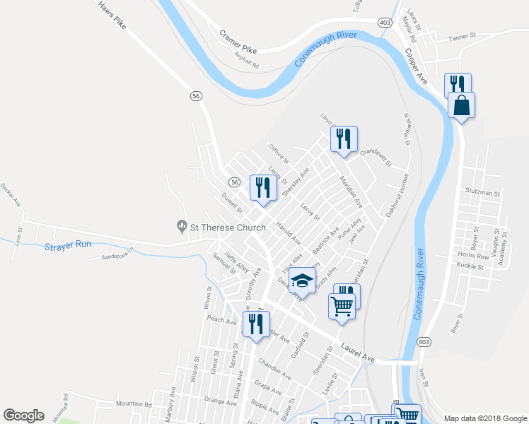 map of restaurants, bars, coffee shops, grocery stores, and more near 464 Harold Avenue in Johnstown