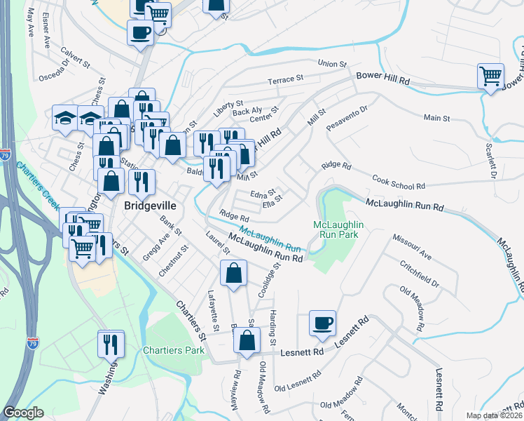 map of restaurants, bars, coffee shops, grocery stores, and more near 926 Ella Street in Bridgeville