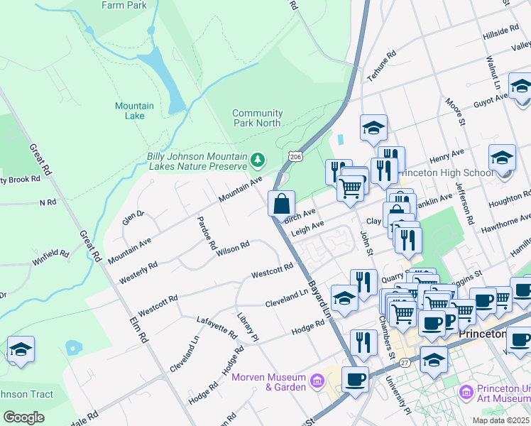 map of restaurants, bars, coffee shops, grocery stores, and more near 192 Bayard Lane in Princeton