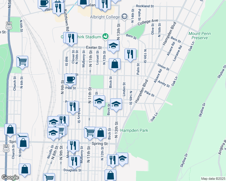 map of restaurants, bars, coffee shops, grocery stores, and more near 1236 Pike Street in Reading